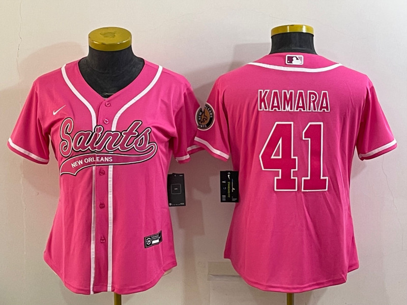 Women's New Orleans Saints #41 Alvin Kamara Pink With Patch Cool Base Stitched Baseball Jersey(Run Small)